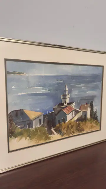Coastal Lighthouse Watercolour by Rebecca Albaugh, REBECCA P. ALBAUGH, Signed, Framed - detail