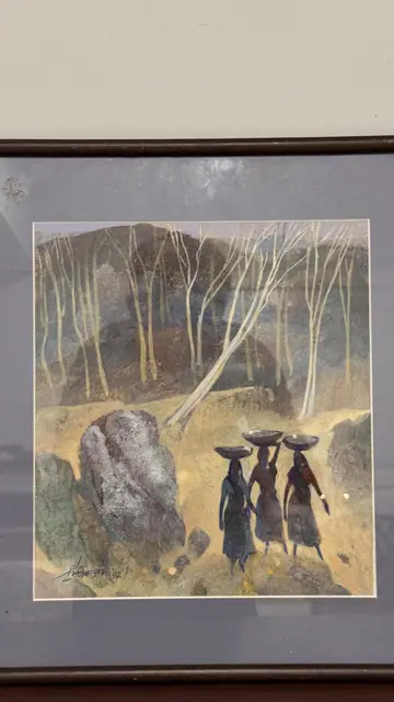 Three Women Carrying Baskets Through Birch Woods, Signed, Framed, 1992 - detail