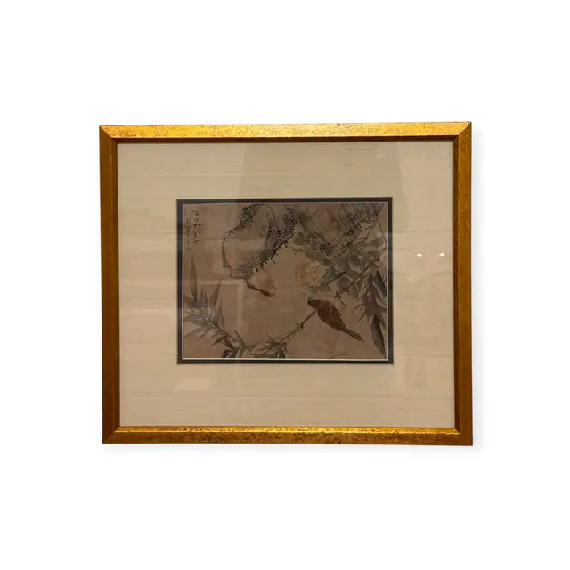 Asian Ink Painting of Bird on Rock, Signed, Framed - full view