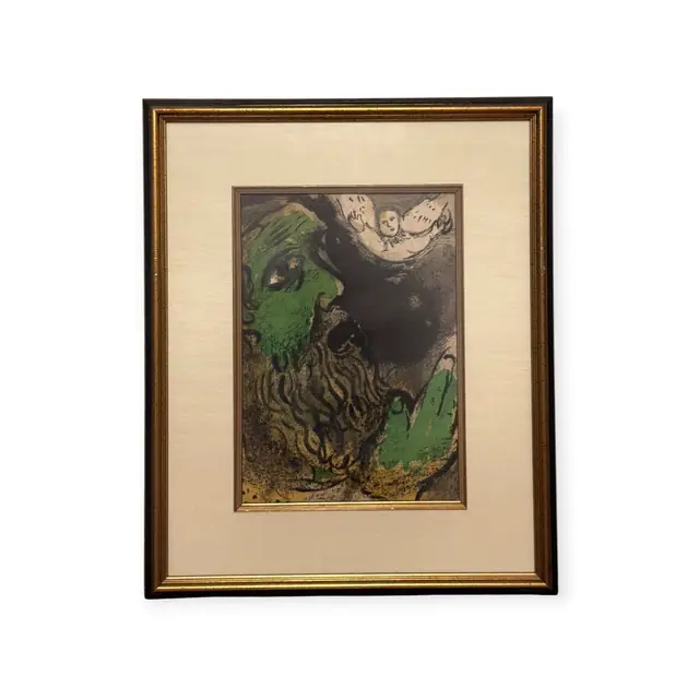 Modernist Lithograph of a Green-Faced Prophet and Angel, Framed - full view