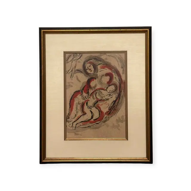 Modernist Lithograph of Mother and Child with Angel, Framed - full view