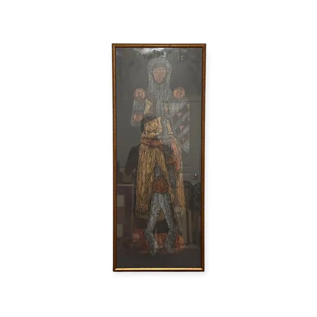 Medieval Knight Brass Rubbing in Gold on Black, Framed - full view