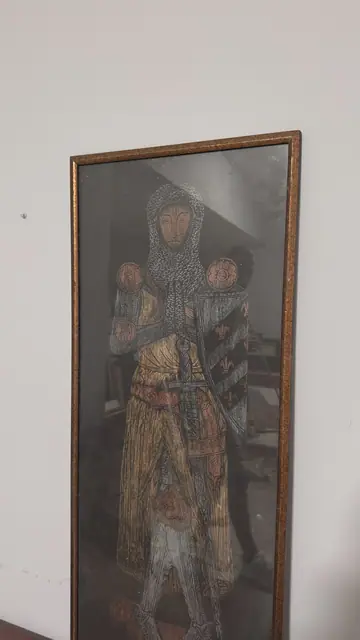 Medieval Knight Brass Rubbing in Gold on Black, Framed - detail