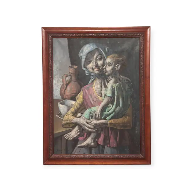 Oil Painting of a Gaunt Mother and Child, Jesus Vill, Signed, Framed - full view