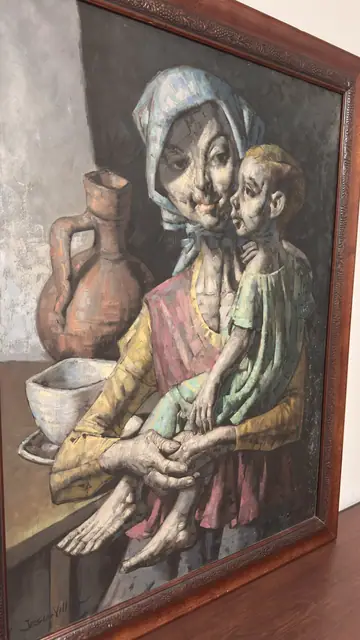 Oil Painting of a Gaunt Mother and Child, Jesus Vill, Signed, Framed - detail