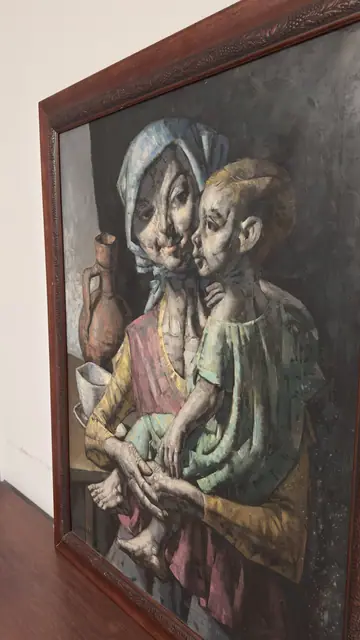 Oil Painting of a Gaunt Mother and Child, Jesus Vill, Signed, Framed - detail