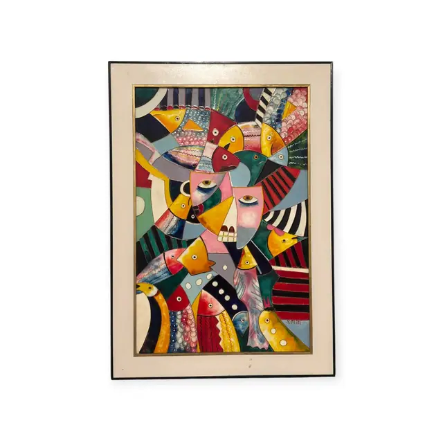 Large Cubist Panel of Birds and Masked Faces, Signed, Framed - full view