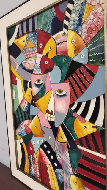 Large Cubist Panel of Birds and Masked Faces, Signed, Framed - detail