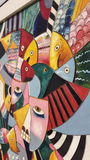 Large Cubist Panel of Birds and Masked Faces, Signed, Framed - detail
