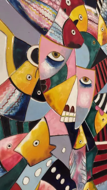 Large Cubist Panel of Birds and Masked Faces, Signed, Framed - detail
