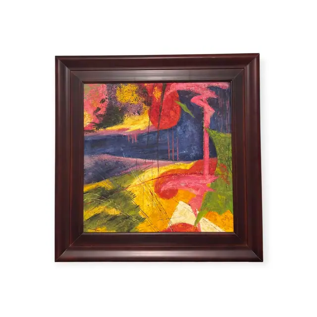 Large Abstract Landscape in Magenta and Chartreuse, Signed, Framed - full view