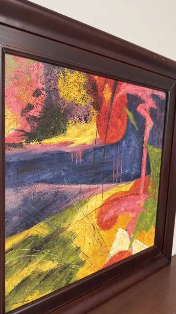 Large Abstract Landscape in Magenta and Chartreuse, Signed, Framed - detail