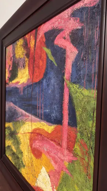 Large Abstract Landscape in Magenta and Chartreuse, Signed, Framed - detail