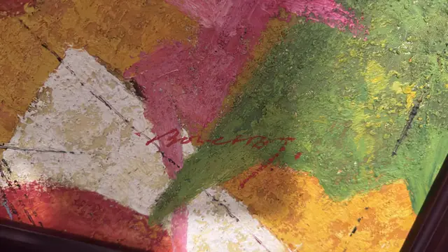 Large Abstract Landscape in Magenta and Chartreuse, Signed, Framed - signature
