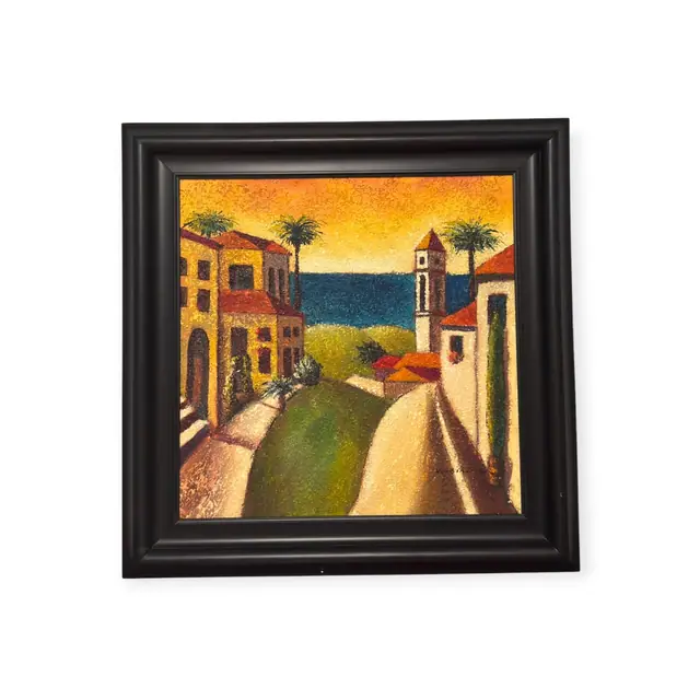 Mediterranean Hillside Village at Sunset, Signed, Framed - full view