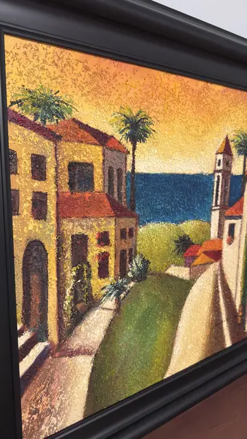 Mediterranean Hillside Village at Sunset, Signed, Framed - detail