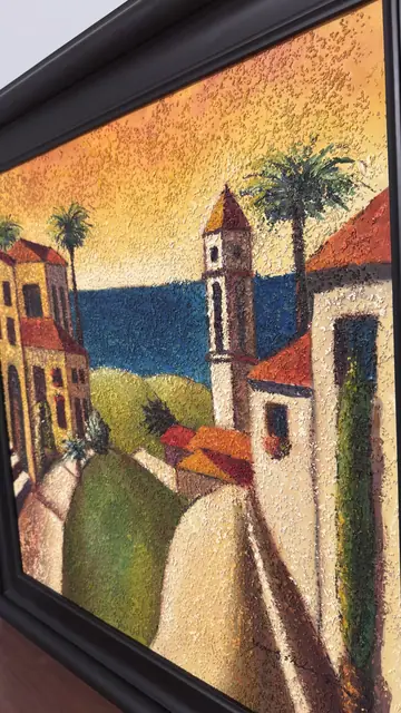 Mediterranean Hillside Village at Sunset, Signed, Framed - detail