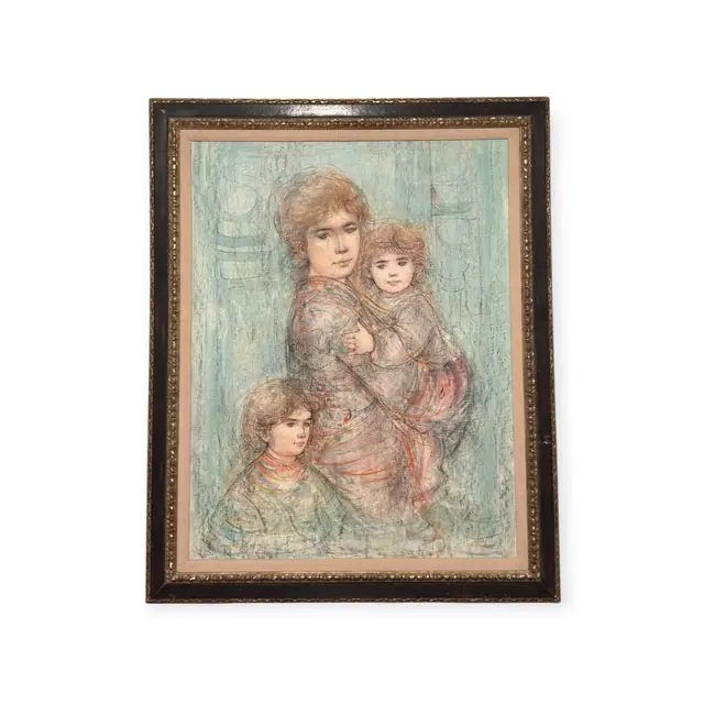 Hibel Mother and Two Children, Hand-Painted Lithograph, Signed, Framed - full view