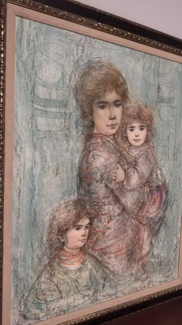 Hibel Mother and Two Children, Hand-Painted Lithograph, Signed, Framed - detail