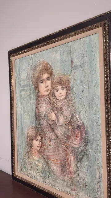Hibel Mother and Two Children, Hand-Painted Lithograph, Signed, Framed - detail