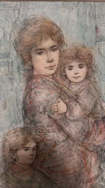Hibel Mother and Two Children, Hand-Painted Lithograph, Signed, Framed - detail