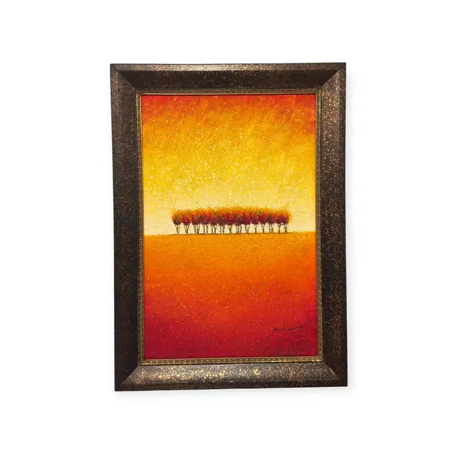 Row of Autumn Trees on a Golden Horizon, Signed, Framed - full view
