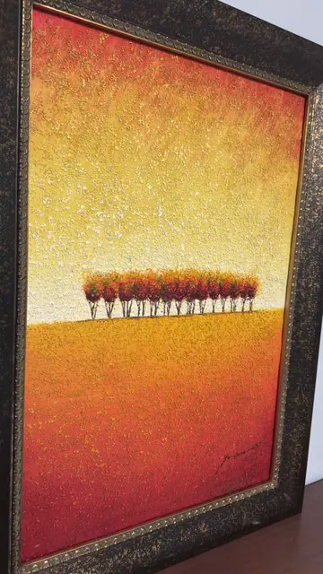 Row of Autumn Trees on a Golden Horizon, Signed, Framed - detail