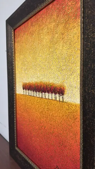 Row of Autumn Trees on a Golden Horizon, Signed, Framed - detail