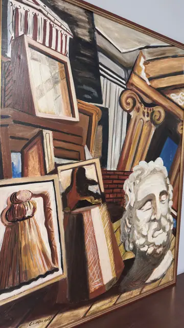 Metaphysical Still Life with Classical Head, Chirico, Signed, Framed, 1988 - detail