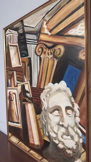 Metaphysical Still Life with Classical Head, Chirico, Signed, Framed, 1988 - detail