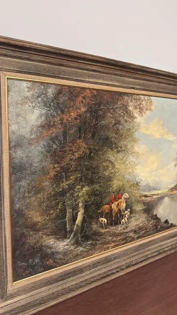 Wooded River Landscape with Cattle, Signed, Framed - detail