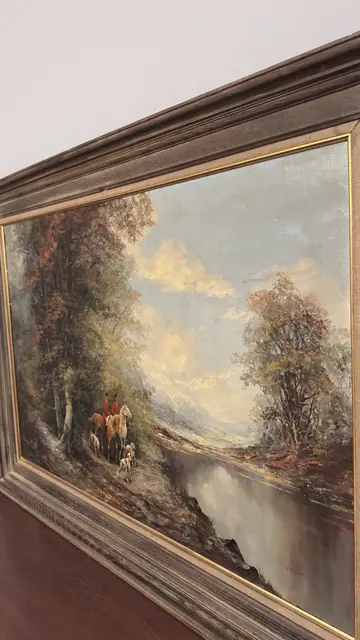 Wooded River Landscape with Cattle, Signed, Framed - detail