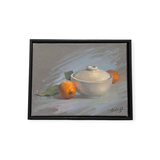 Small Still Life, Lidded Bowl and Kumquats, Signed, Framed - full view