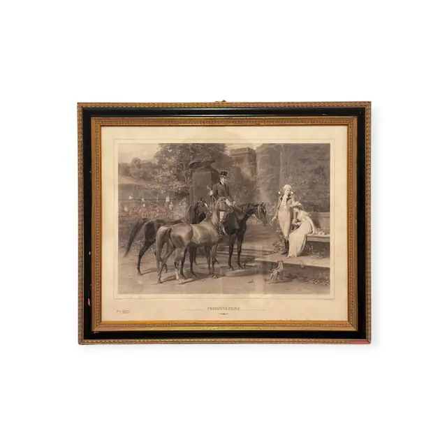 Presentazione, Antique Equestrian Engraving, Signed, Framed, 1893 - full view