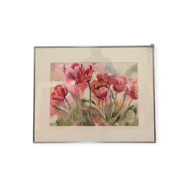 Red Tulips, Original Signed Watercolour, CAROL VOROSMARTI, Signed, Framed - full view