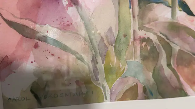 Red Tulips, Original Signed Watercolour, CAROL VOROSMARTI, Signed, Framed - signature