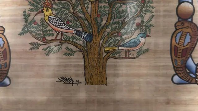 Egyptian Papyrus, Cartouches and Fruiting Tree, Signed, Framed - signature