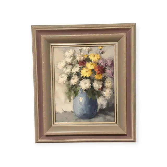 Chrysanthemums in a Blue Vase, Oil Painting, Framed - full view