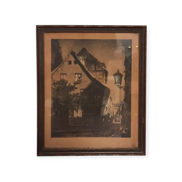German Night Street with Lamp, Signed Etching, Bruno Bielefeld, Signed, Framed - full view