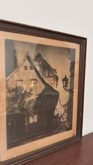 German Night Street with Lamp, Signed Etching, Bruno Bielefeld, Signed, Framed - detail
