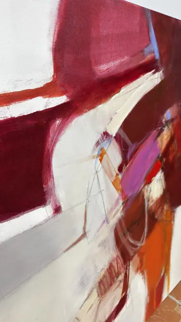 Large Crimson and Orange Abstract Canvas, Signed, Unframed - detail