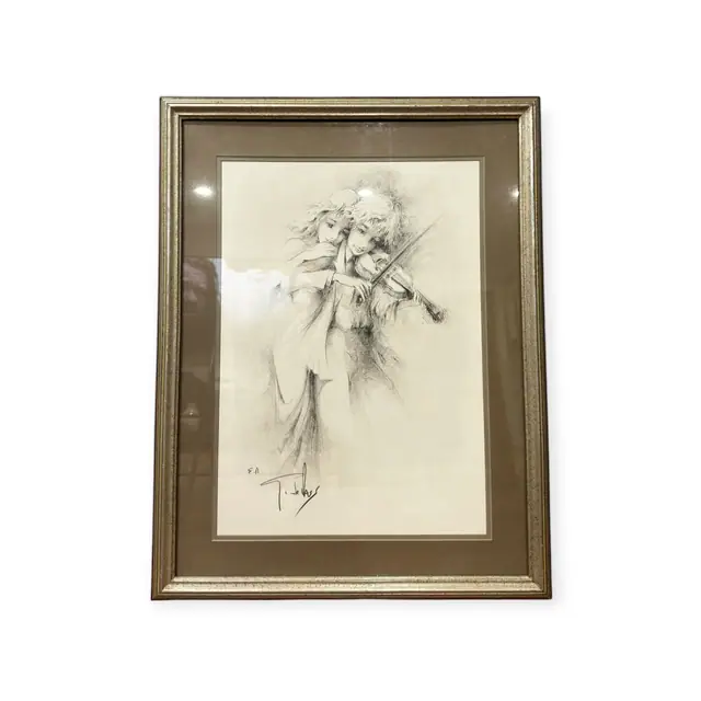 Artist's Proof Charcoal Study of Violinist and Companion, Signed in the Plate, Framed - full view