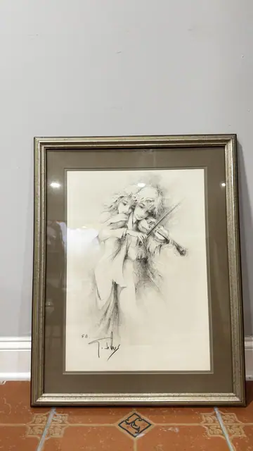 Artist's Proof Charcoal Study of Violinist and Companion, Signed in the Plate, Framed - detail