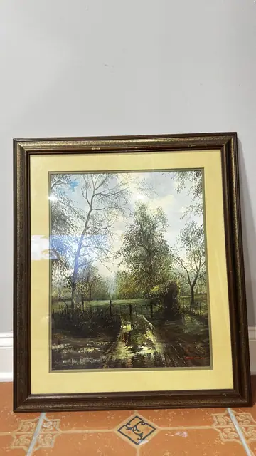Wet Country Lane with Bare Trees, Signed, Framed - detail