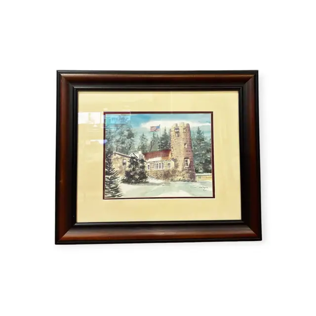 Winter Watercolour of Stone Tower and Flag, Signed, Framed - full view