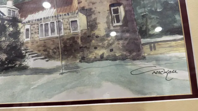 Winter Watercolour of Stone Tower and Flag, Signed, Framed - signature