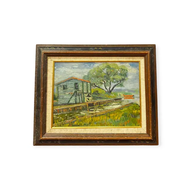 Blue Barn and Willow Tree Oil Painting, Framed - full view