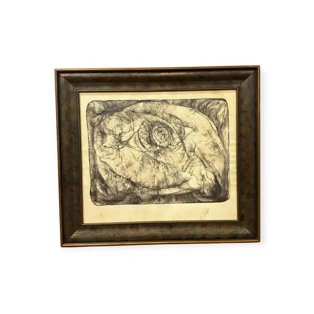 Abstract Charcoal Drawing with Coiled Eye Form, Signed, Framed - full view