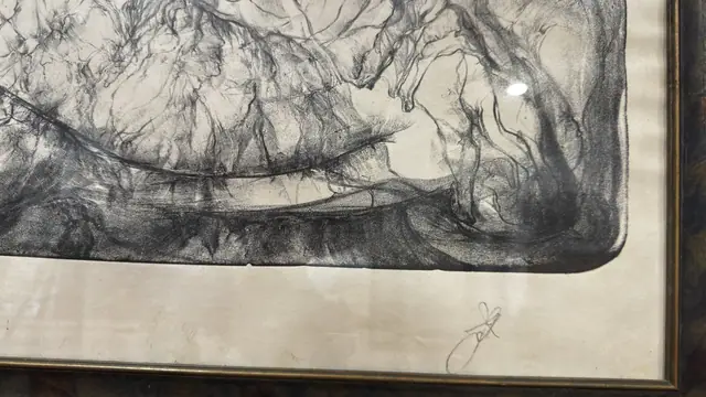 Abstract Charcoal Drawing with Coiled Eye Form, Signed, Framed - signature