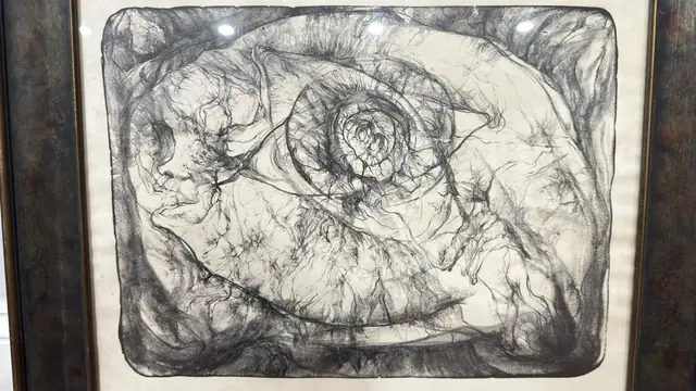 Abstract Charcoal Drawing with Coiled Eye Form, Signed, Framed - detail